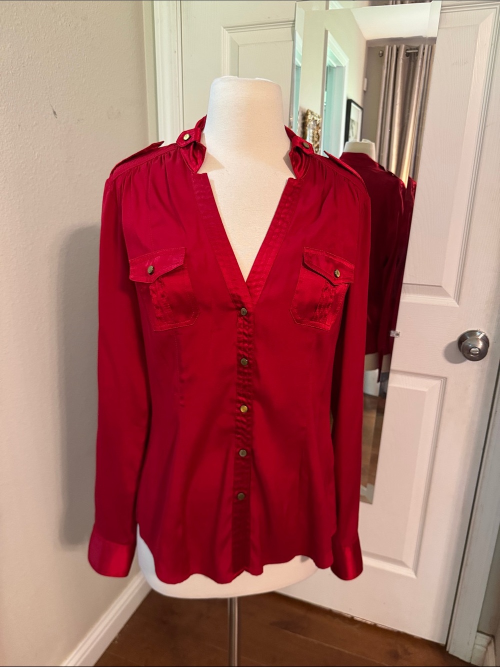 Cache Red Button-Down Silk Utility Shirt